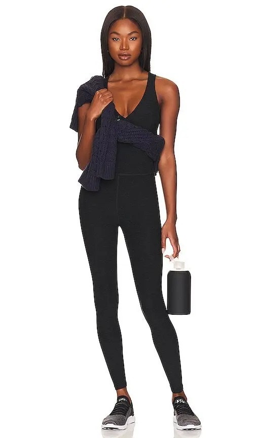 New Beyond Yoga Spacedye Daring Jumpsuit Black V-Neck Strappy Sleeveless Sz Xl